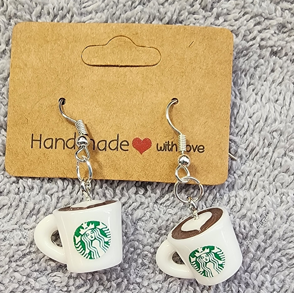 Handmade White and Green Coffee Cup Dangle Earrings with Logo Detail